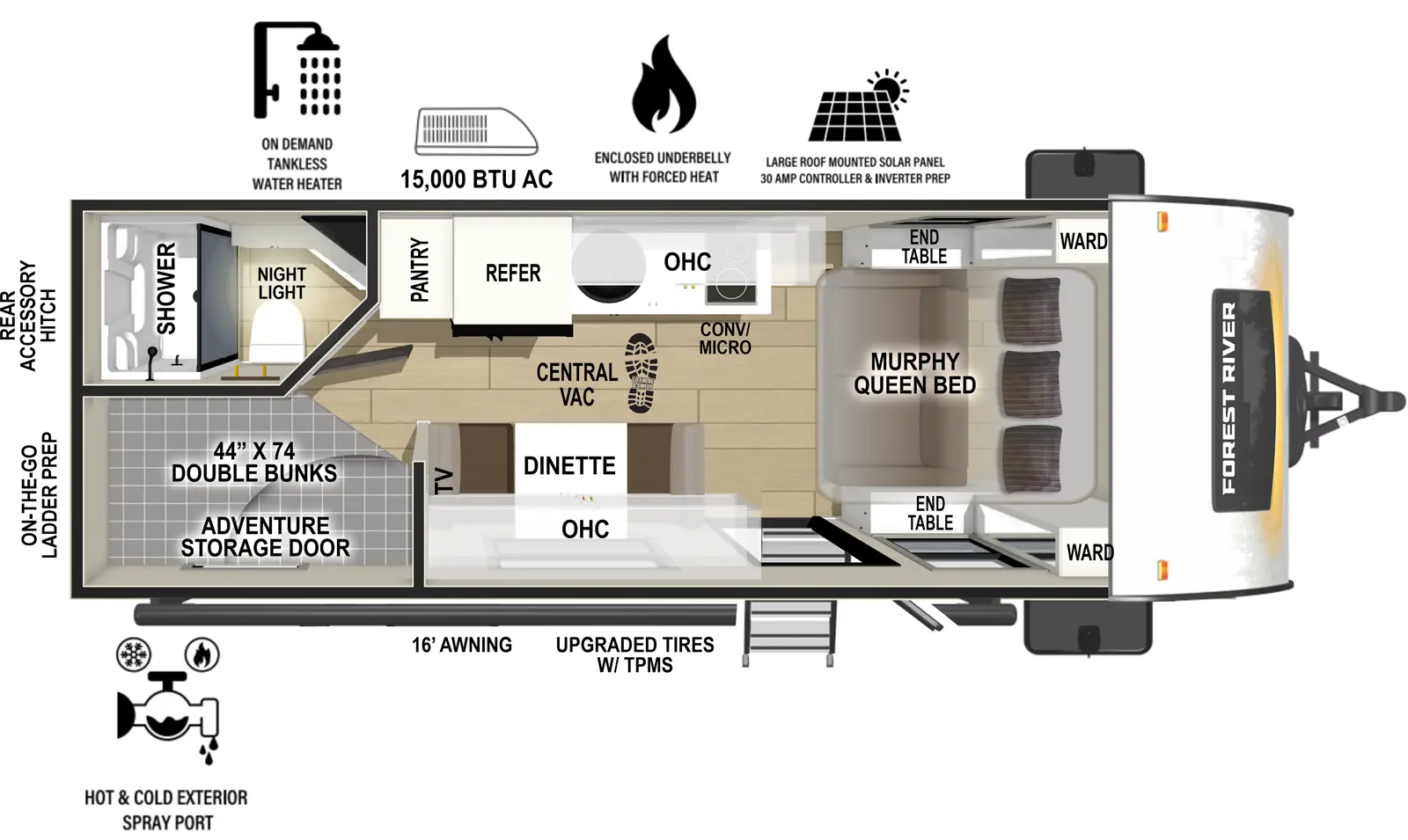 The RP-200 has zero slideouts and one entry. Exterior features 16 foot awning, upgraded tires with TPMS, hot and cold spray port, on-the-go ladder prep, rear accessory hitch, on demand tankless water heater, 15,000 BTU air conditioner, enclosed underbelly with forced heat, and large roof mounted solar panel 30 amp controller & inverter prep. Interior layout front to back: murphy queen bed with wardrobes and end tables on each side; off-door side kitchen counter with convection microwave, cooktop, sink, overhead cabinet, central vacuum, refrigerator, and pantry; door side entry, dinette, overhead cabinet, and TV; off-door side rear full bathroom with night light; rear door side double bunks with adventure storage door.